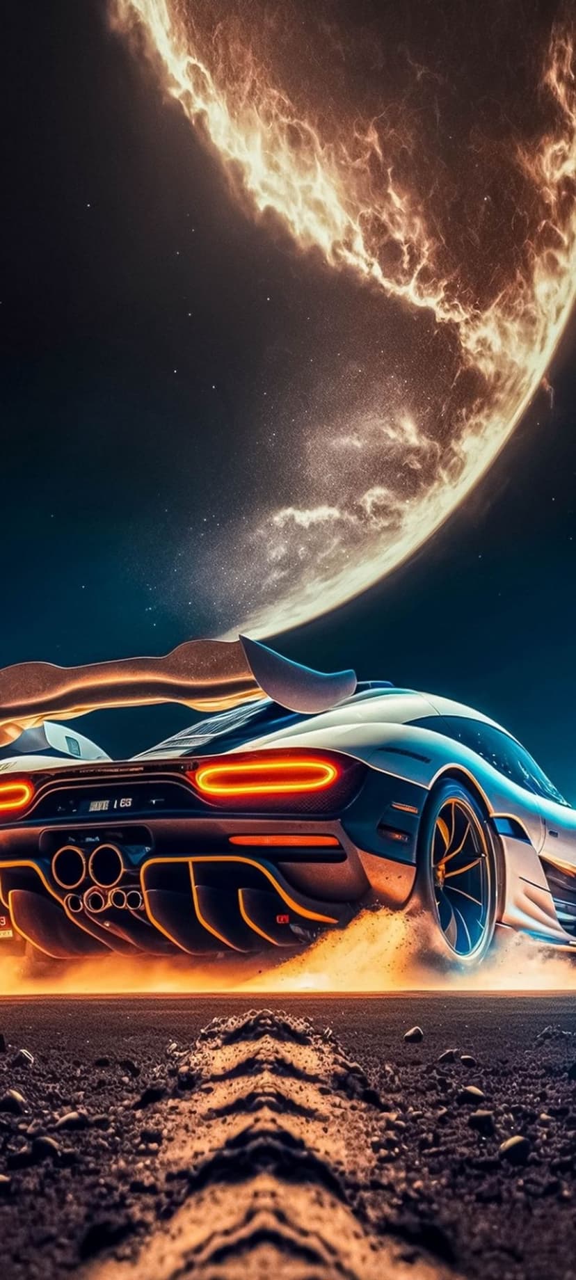 Futuristic supercar with orange taillights speeds on a rocky alien planet under a massive, fiery red nebula sky.
