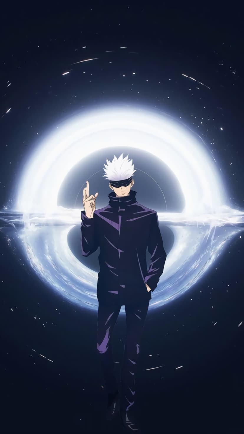 Gojo Satoru with white hair and a black blindfold performs a hand sign against a glowing cosmic black hole backdrop.