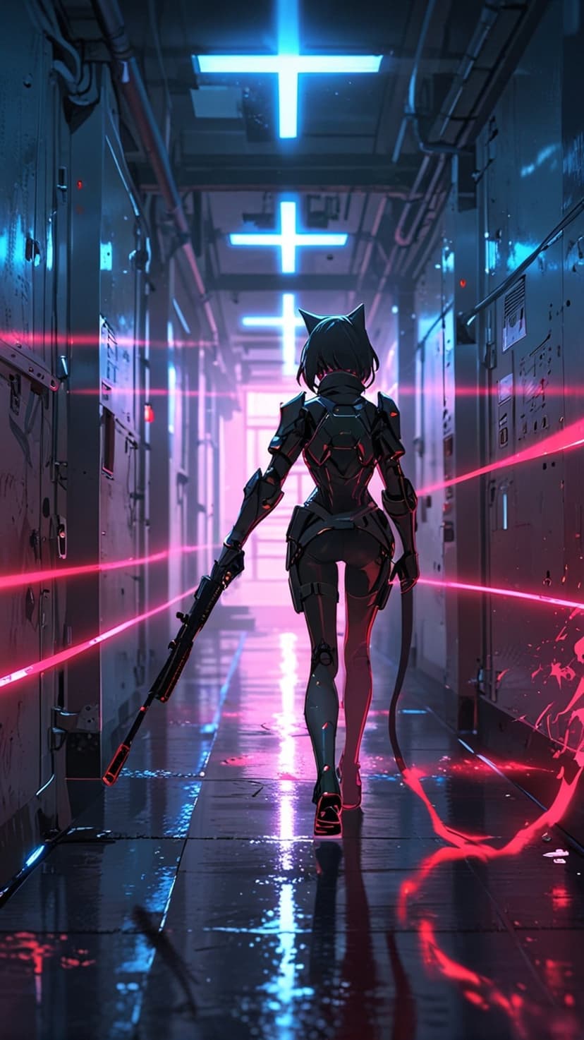Cat girl in black armor holds a tactical rifle while standing in a dark hallway lit by pink and blue neon lights.