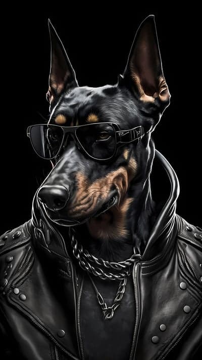 Doberman wearing sunglasses and leather jacket
