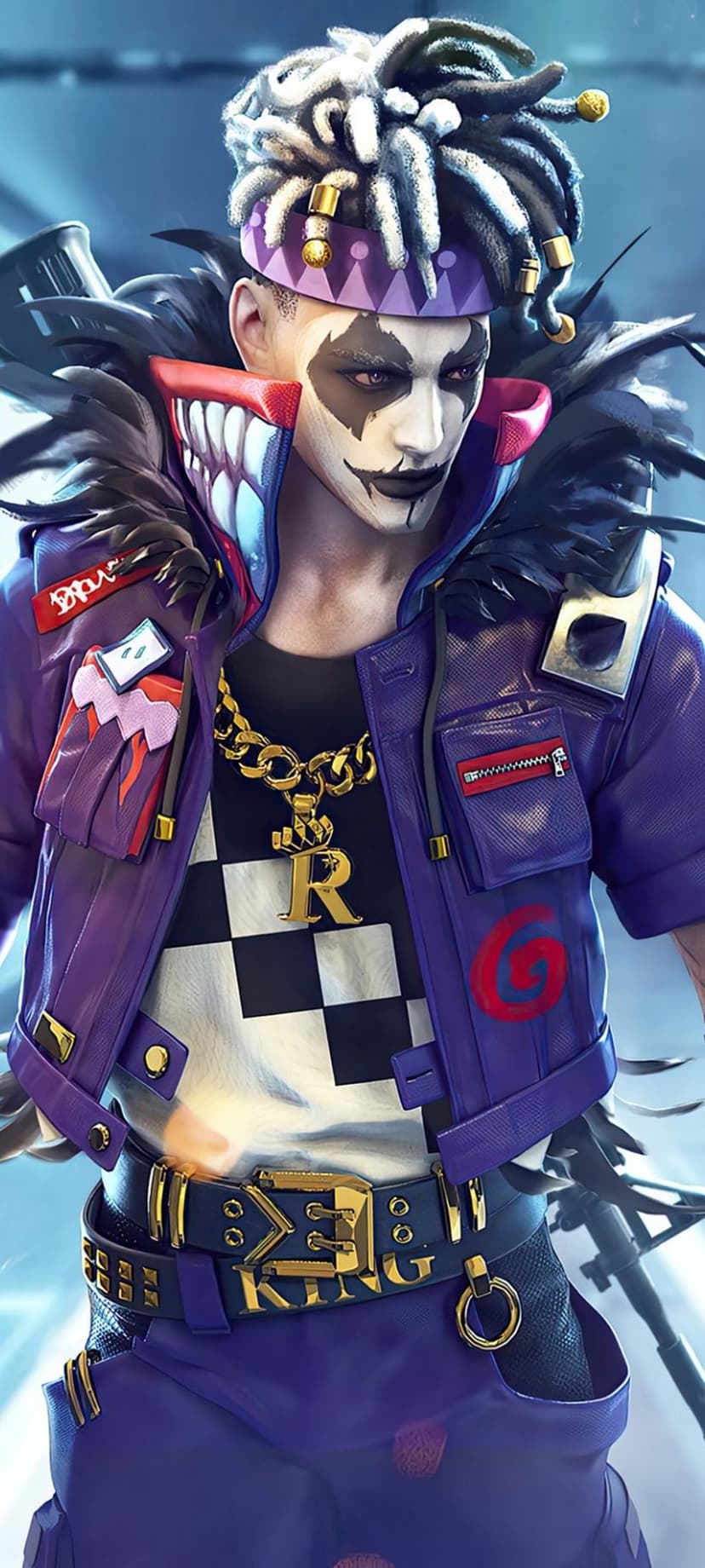 Free Fire character with clown face paint and a purple leather jacket against a glowing blue tech background.