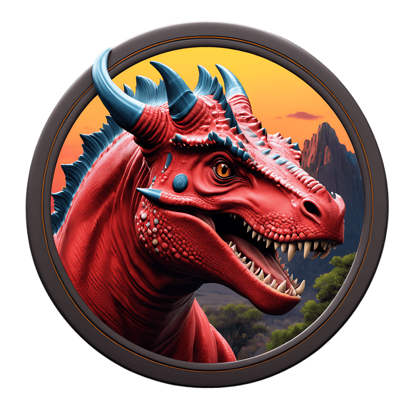 Red dragon profile view with textured scales and blue horns inside a circular sunset landscape frame.