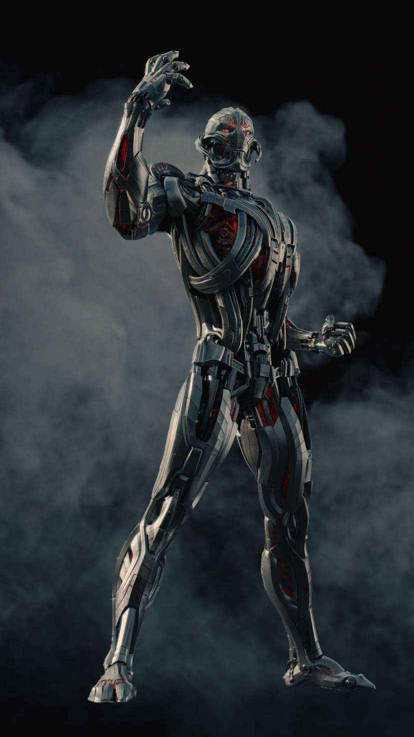Ultron stands with glowing red eyes and detailed silver armor surrounded by swirling clouds of gray smoke.