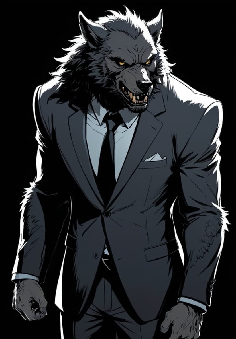 Werewolf with glowing yellow eyes and bared fangs wearing a black suit jacket against a dark background.