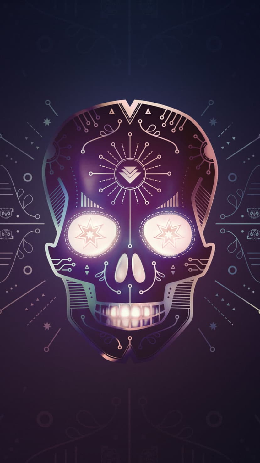 Cybernetic skull featuring glowing violet eyes and intricate circuitry patterns against a dark cosmic background.