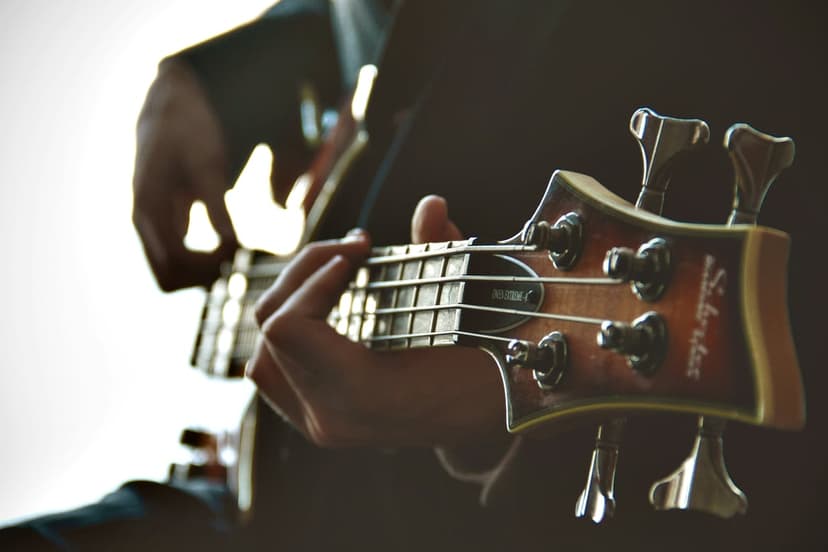 Musician's hands playing a bass guitar with focus on the wooden fretboard and metallic strings in warm light.