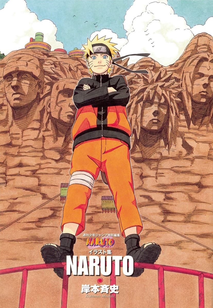 Naruto Uzumaki with crossed arms stands in front of the stone-carved faces of the Hokage Rock under a cloudy sky.