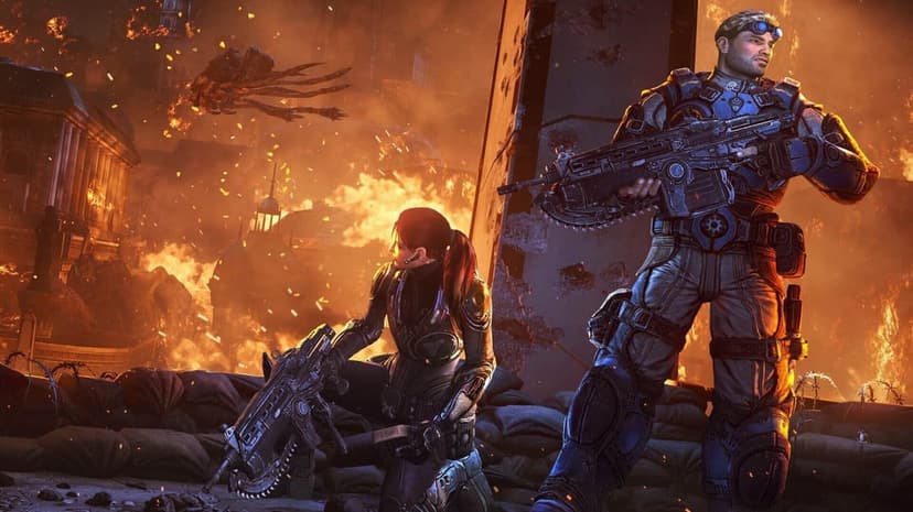 Two armored soldiers with chainsaw rifles stand amidst fire and explosions in a war-torn city landscape.
