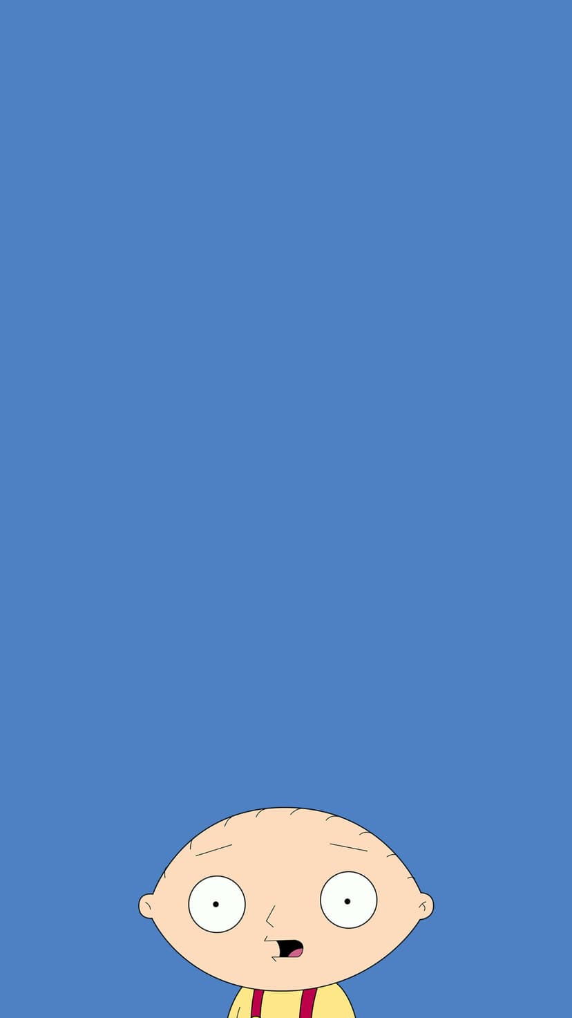 Stewie Griffin with wide eyes and open mouth peeking from the bottom of a solid blue background in a vertical view.