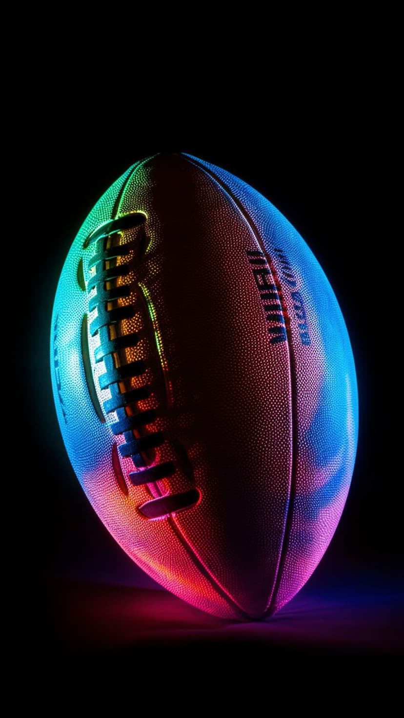 American football featuring glowing neon red, blue, and green light reflections on a dark textured surface.