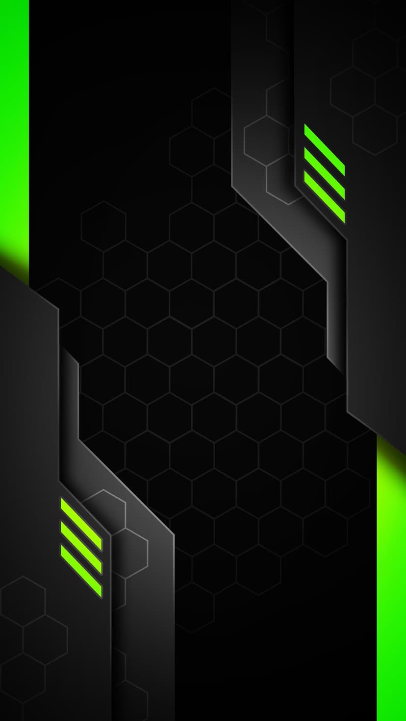 Luminous neon green geometric accents interlock with a dark black hexagonal grid pattern on a vertical screen.