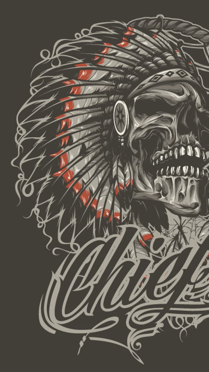 Chief skull wearing a feathered headdress with red accents and intricate tribal patterns on a dark background.