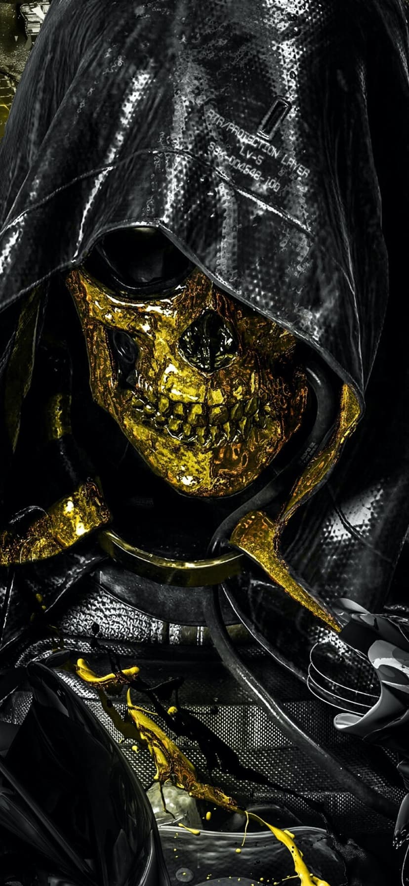 Hooded figure wearing a molten golden skull mask with technical text on a dark, textured protection layer cloak.