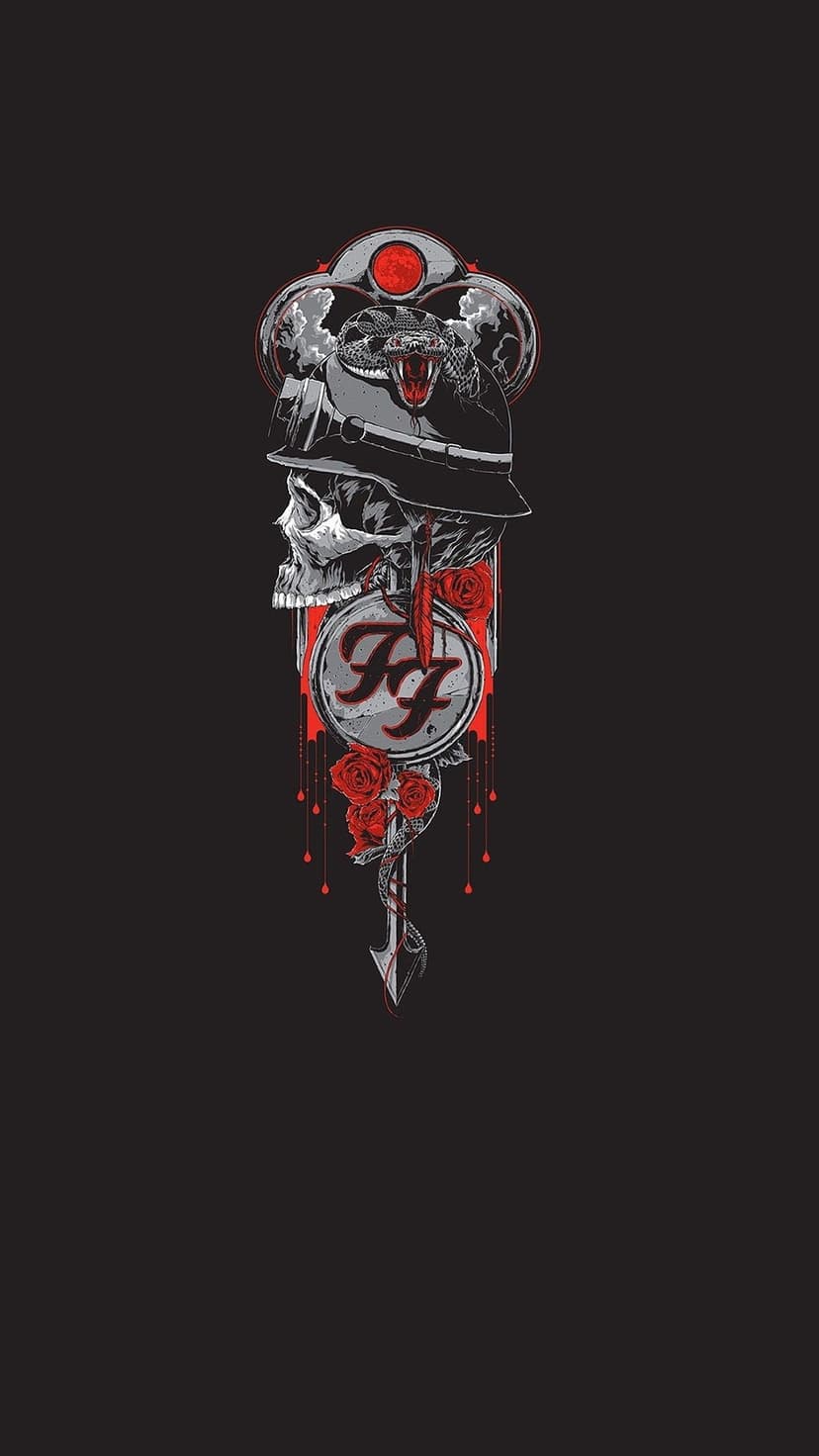 Skull wearing a hat entwined with a snake and red roses below a circular Foo Fighters band logo on black.