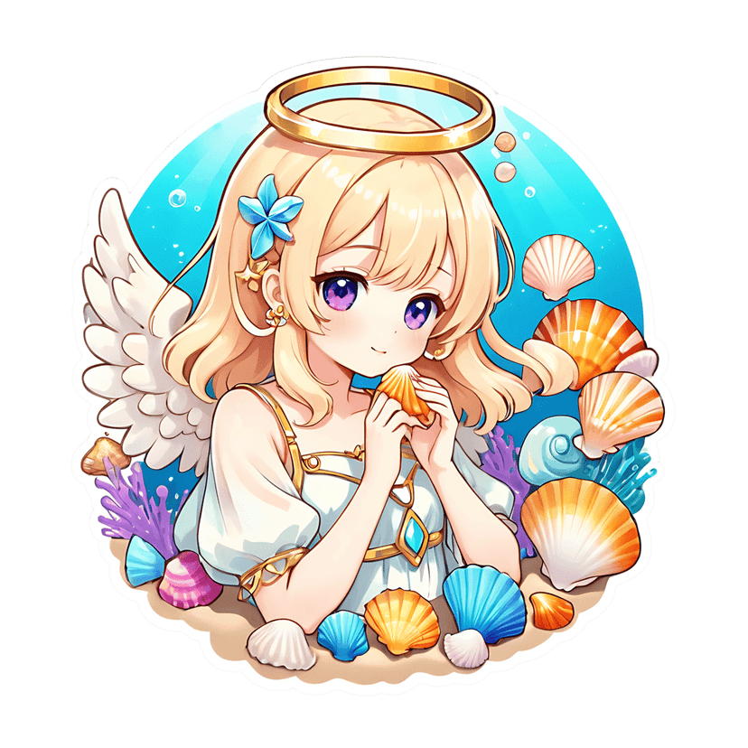 Blonde chibi angel sticker with purple eyes sits on a sandy seabed holding a shell near coral and blue water.