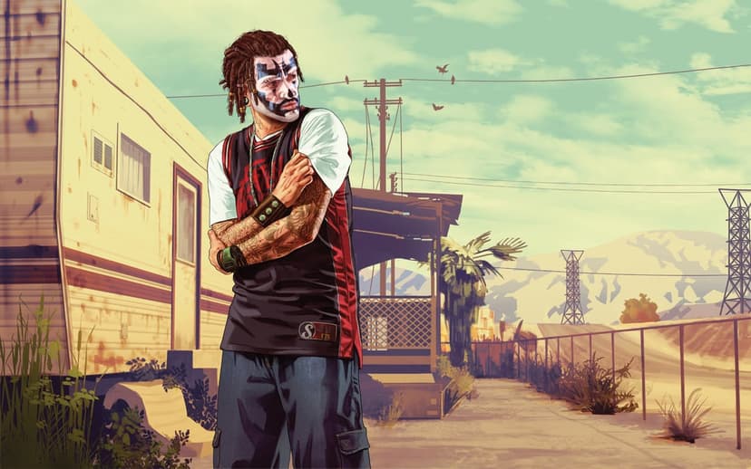 Wade from GTA V with clown face paint and tattoos standing before a yellow trailer in a desert.