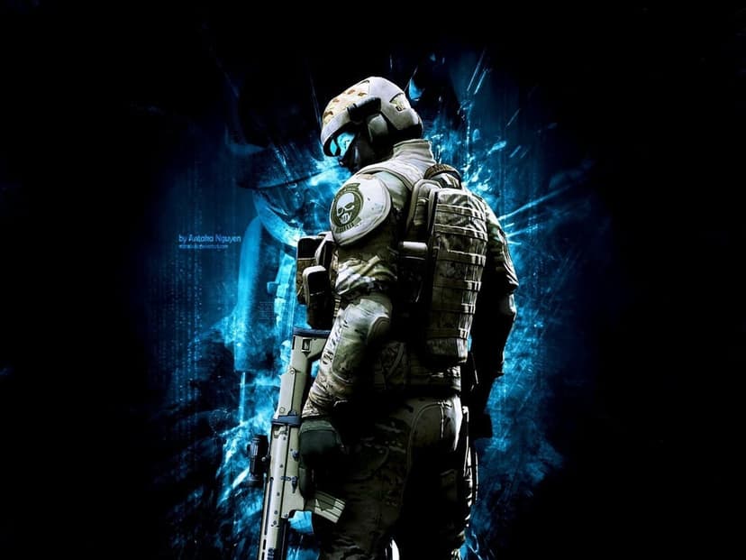 Armored soldier with a glowing blue visor looks over their shoulder against a dark, fractured light background.