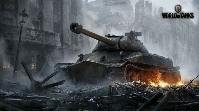 Heavy tank with a pike nose sits in a ruined urban landscape with smoke and fire for a gaming background.