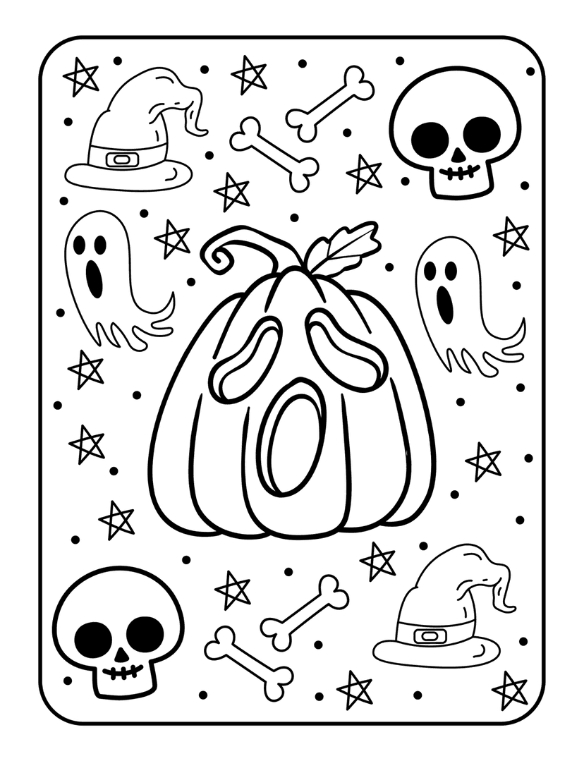 Halloween coloring page featuring a large jack-o'-lantern centered among ghosts, skulls, hats, and stars.
