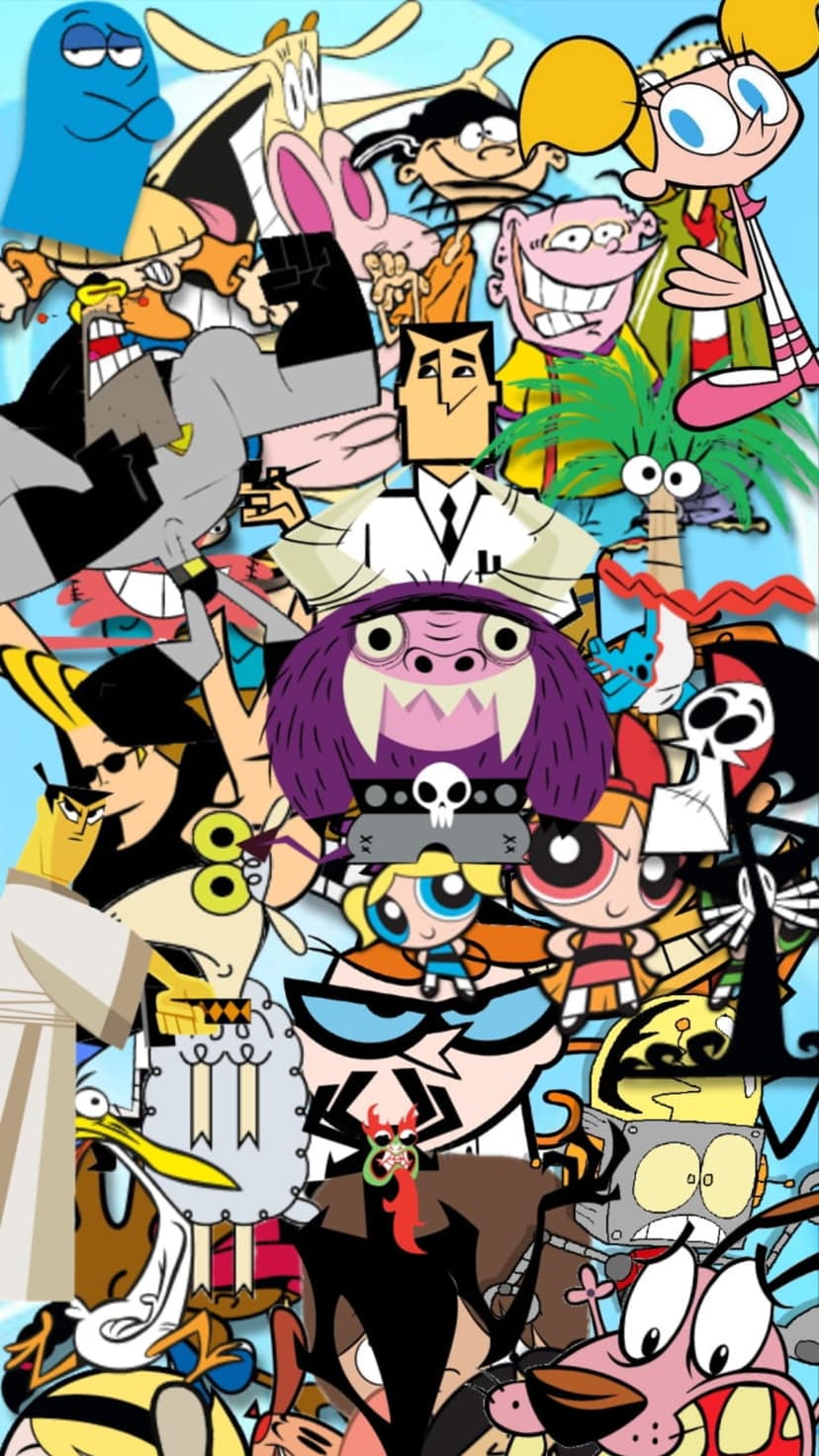 Dexter, Courage the Cowardly Dog, and Samurai Jack appear in a crowded, colorful vertical montage of retro heroes.