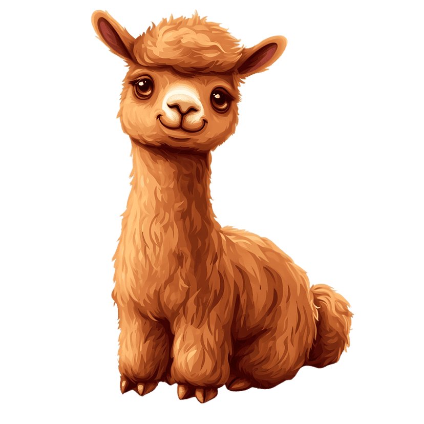 Brown alpaca illustration sits facing forward with large dark eyes and fluffy wool on a transparent background.