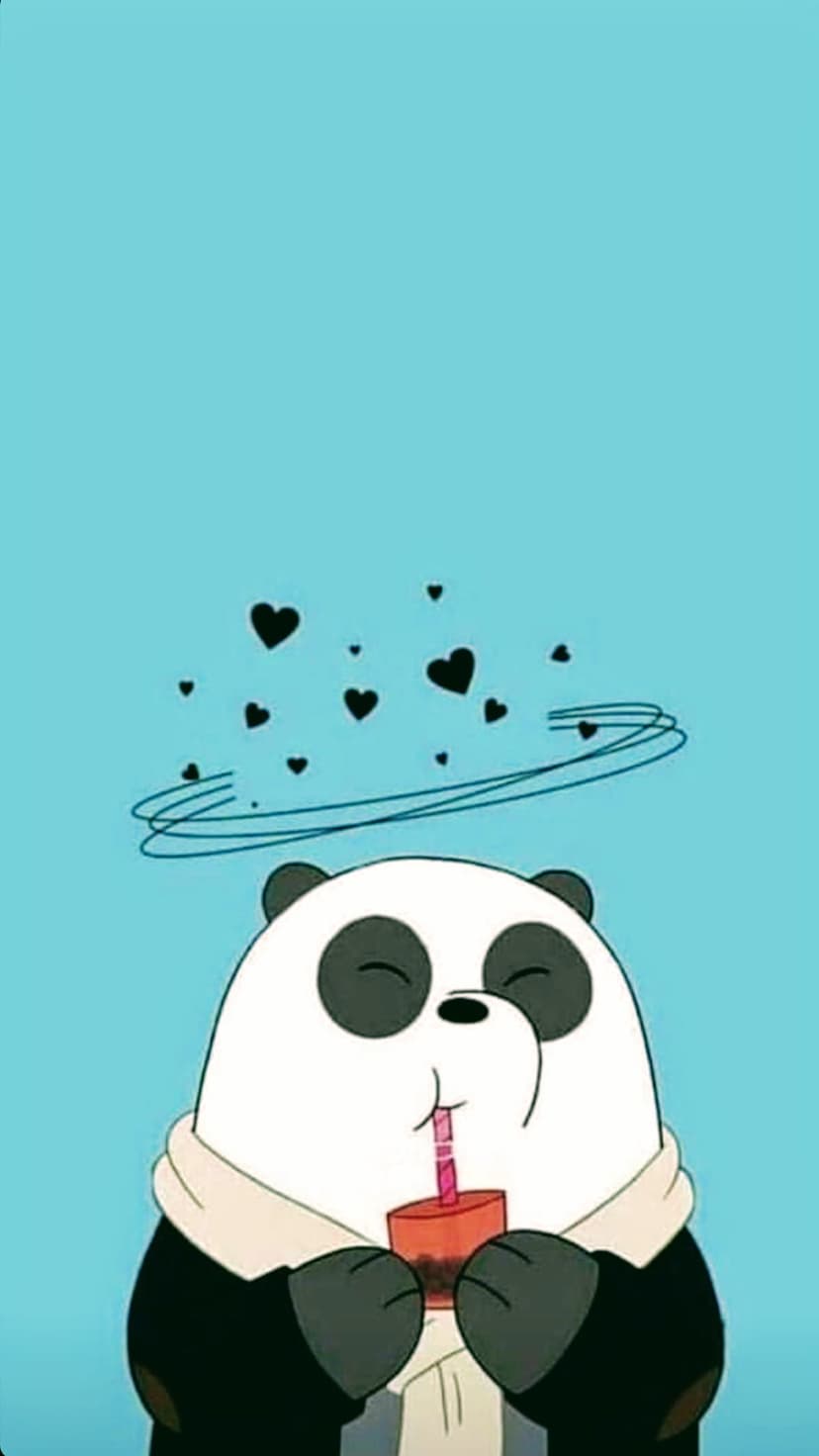 Panda bear drinking boba tea from a cup with a straw while small black hearts and curved lines float nearby.