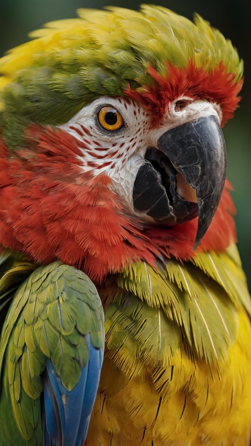 Macaw parrot with red, blue, and yellow feathers, a sharp black beak, and a bright yellow eye in close-up view.