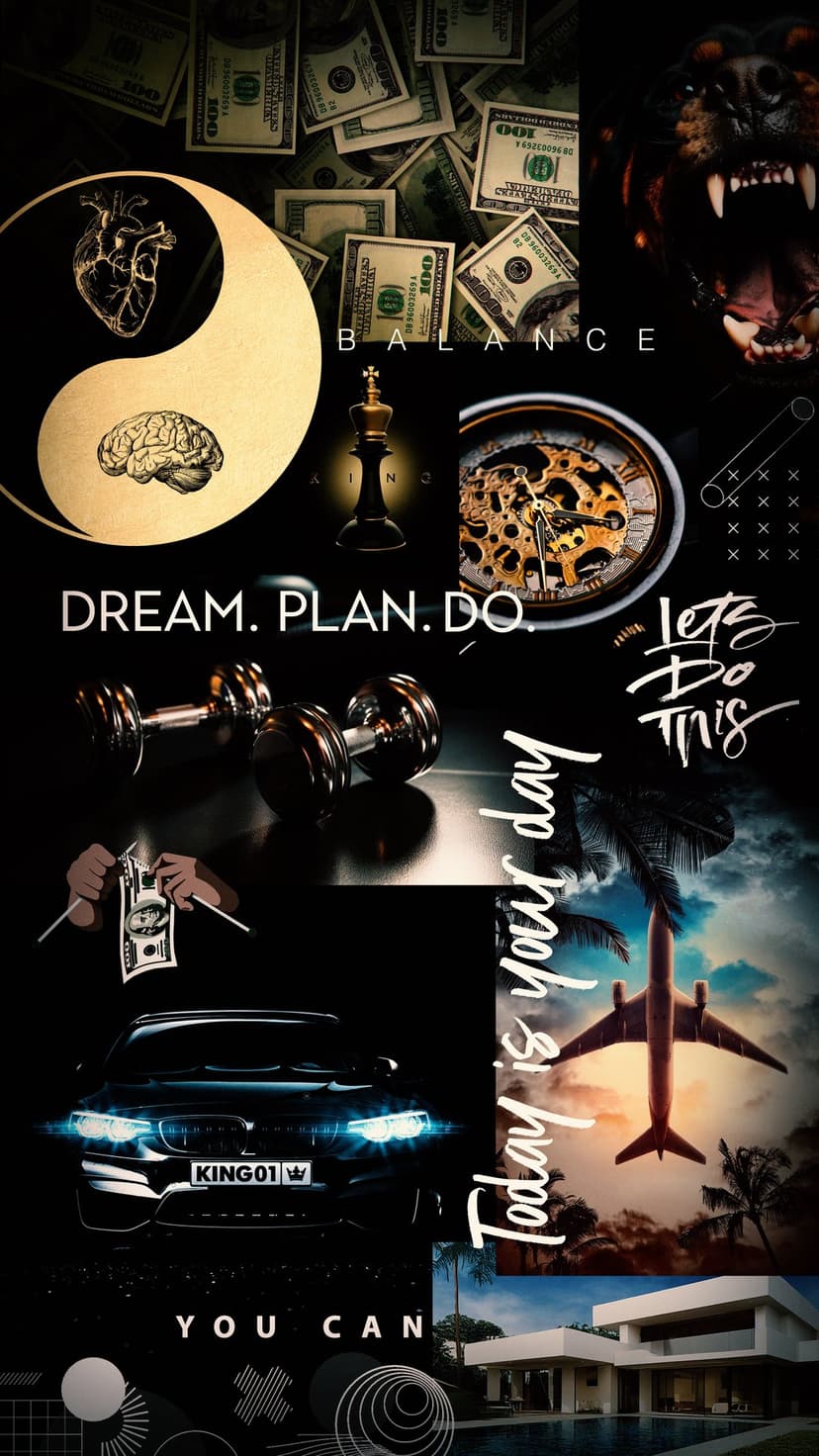 Luxury cars, money, and fitness gear form a collage for a success-themed vertical mobile phone background.