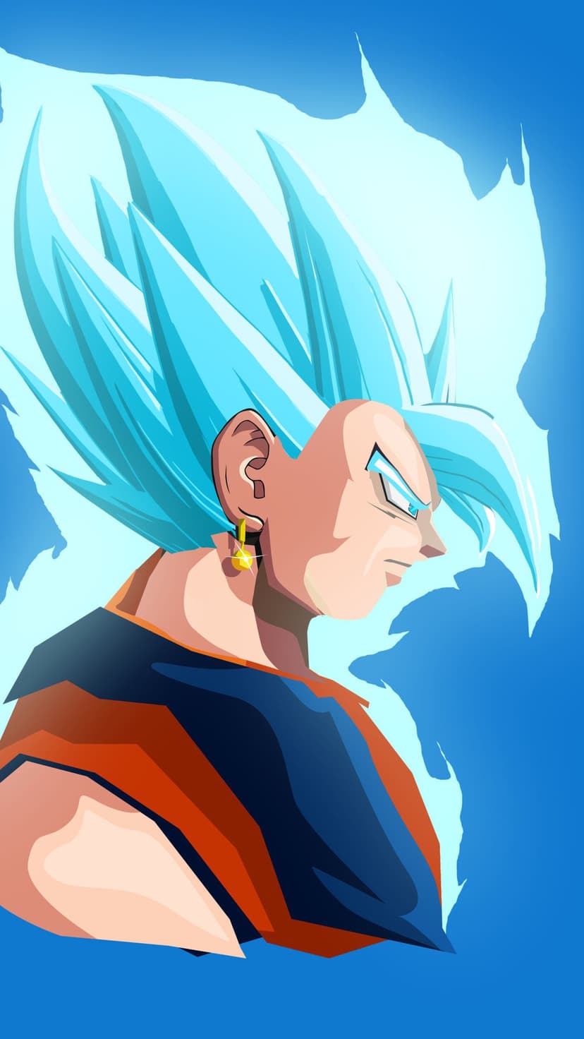 Goku with spiky blue hair and a glowing cyan aura stands in a powerful pose against a dark, energetic background.