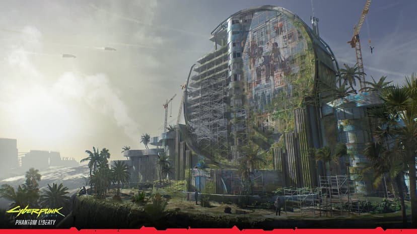 Dystopian cityscape ruins glow under neon lights with futuristic vehicles parked along a dark desolate street.