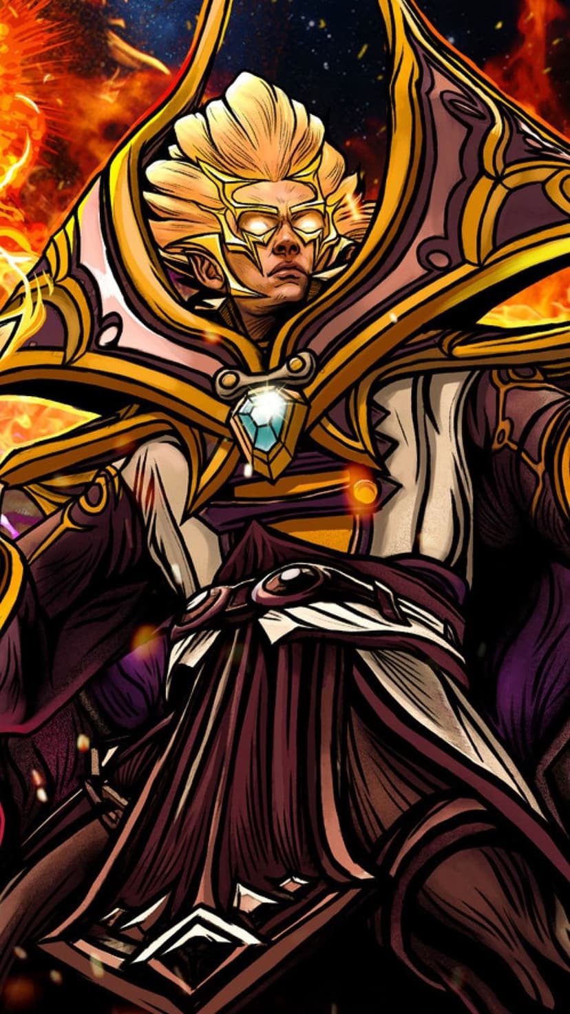 Powerful mage wearing a golden mask and ornate robes against a background of fire and deep space.
