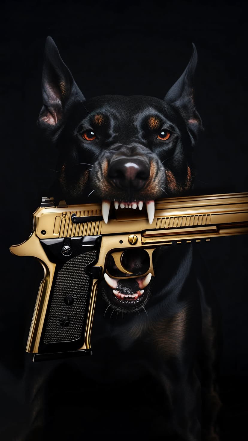 Doberman Pinscher biting a metallic gold handgun with sharp teeth visible against a solid black background.