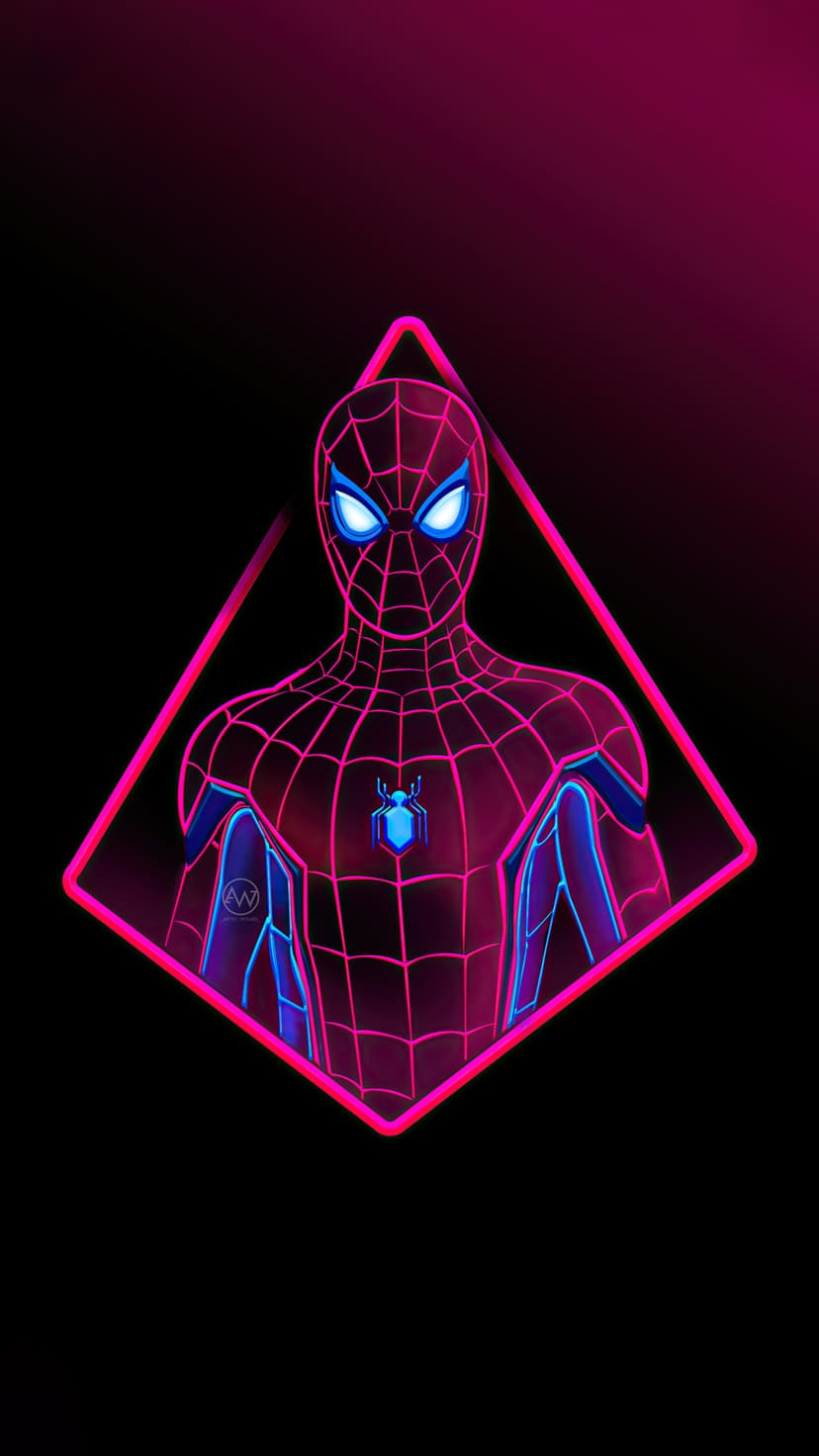 Spider-Man wears a glowing neon suit within a pink diamond frame, his eyes and webbing illuminated against black.