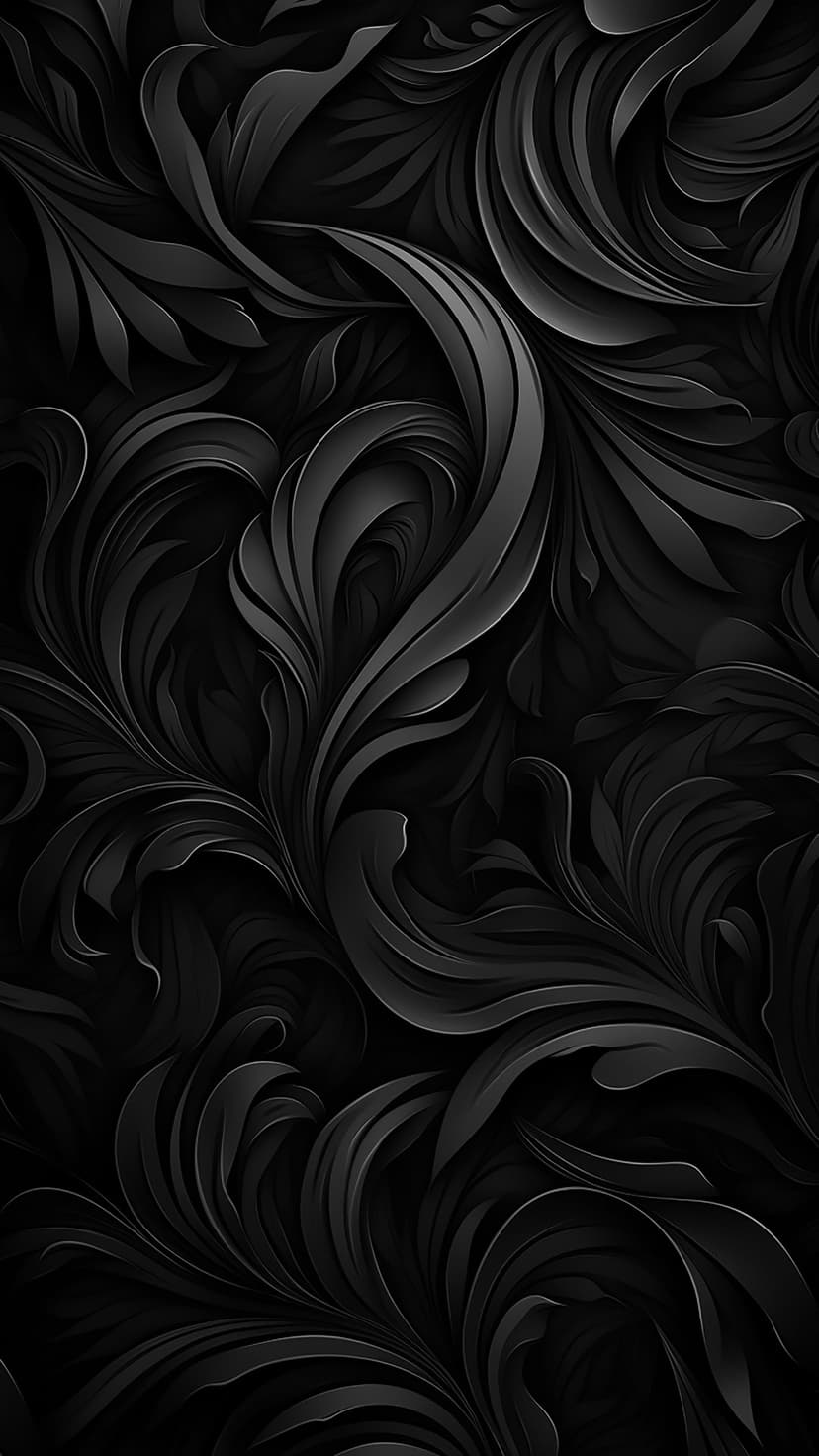 Dark swirling floral patterns with deep shadows and silver highlights create an intricate monochromatic motif.