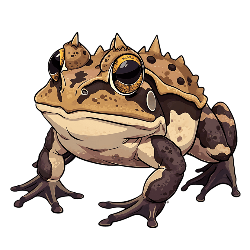 Spiky toad illustration with brown patterned skin and large expressive eyes crouched low on a black background.