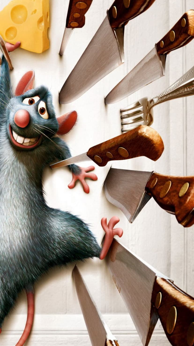 Remy the rat dodges several sharp kitchen knives stuck in a wall beside a large block of yellow Swiss cheese.