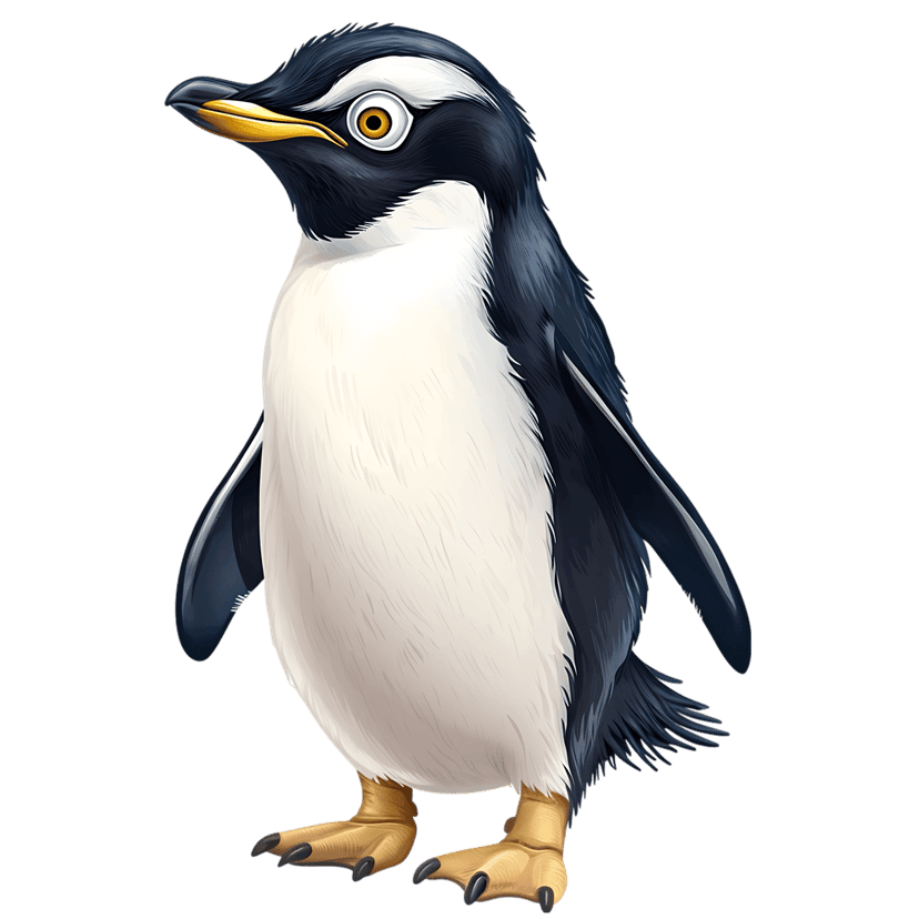 Penguin profile illustration featuring orange eyes, yellow beak, and navy blue feathers on a black background.