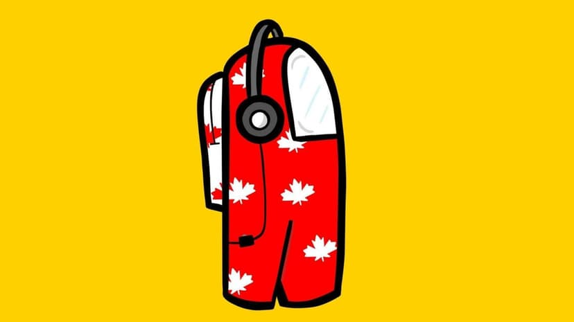 Red Among Us character with a white maple leaf pattern and black headset against a solid bright yellow backdrop.