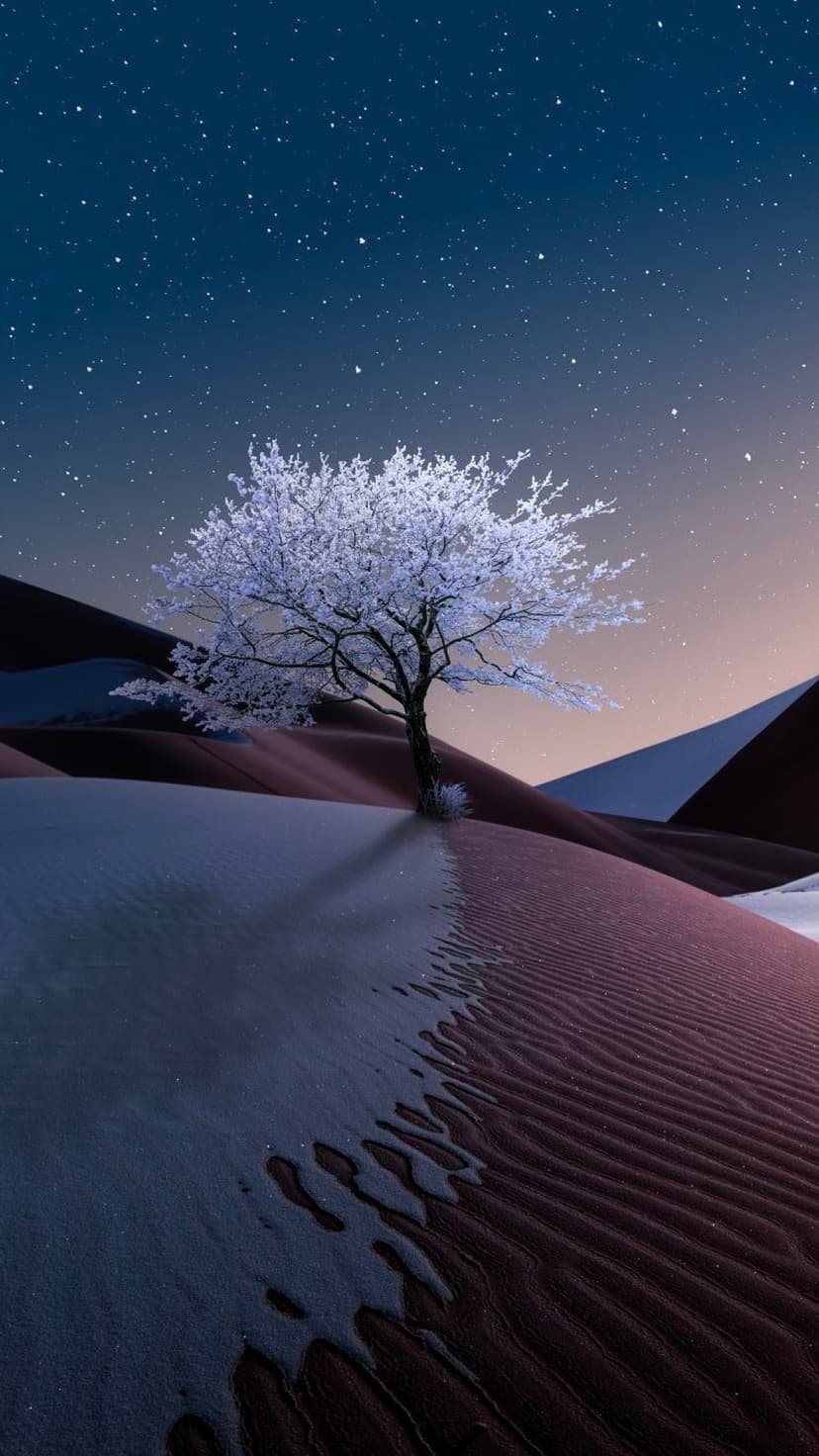 Frosted tree branches sparkle on a rippled sand dune beneath a purple starry sky and distant cosmic nebulae.