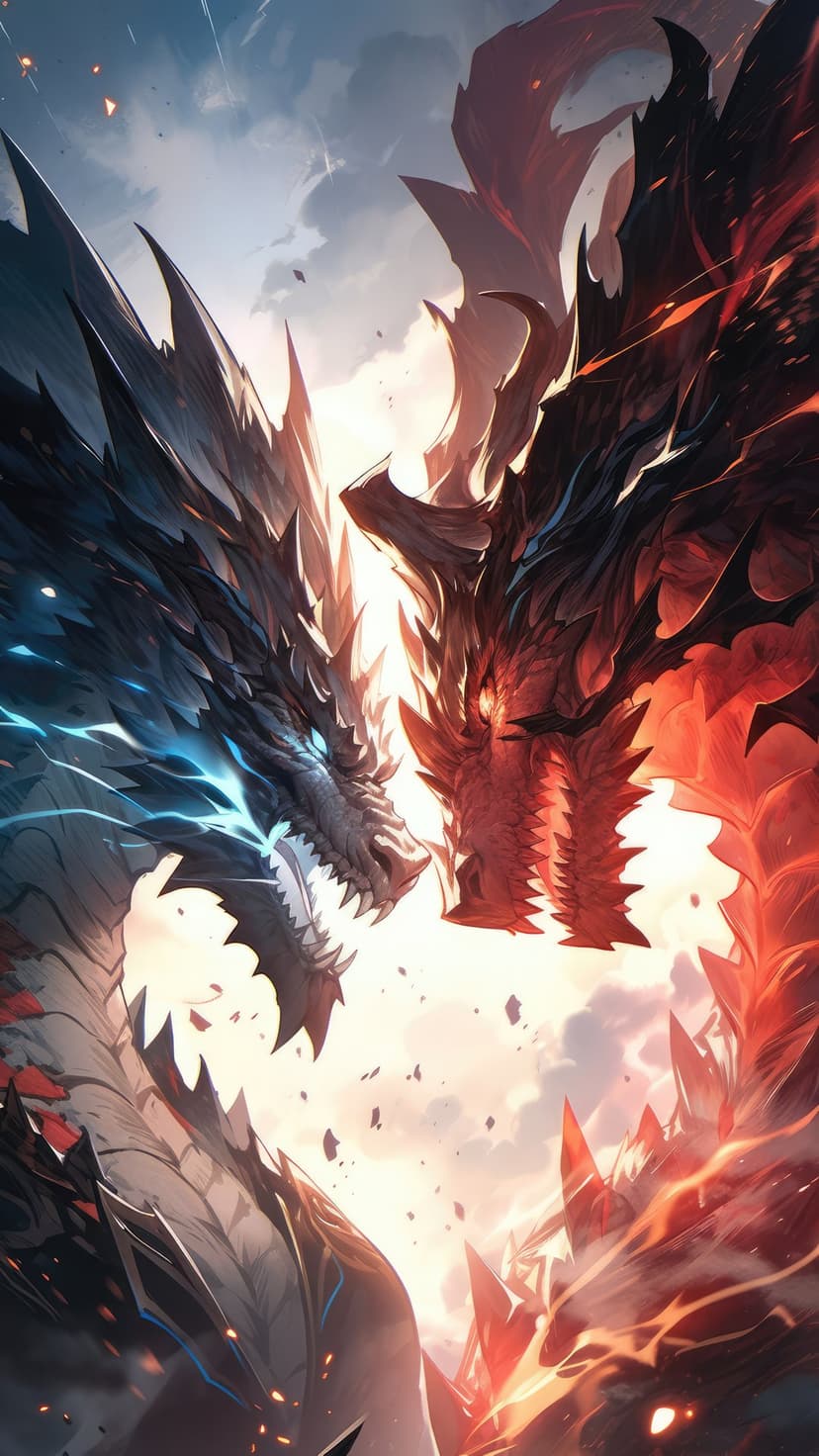 An ice dragon with blue lightning sparks clashing against a fire dragon amidst a dark stormy sky and embers.