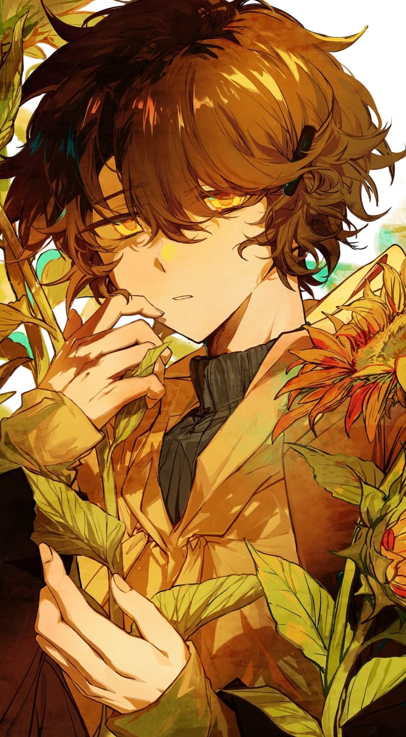Brown haired boy with glowing yellow eyes stands in a field of sunflowers wearing a warm brown jacket.