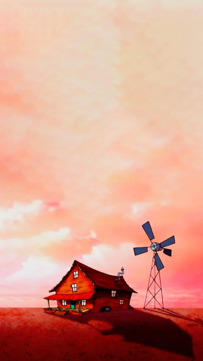 Abandoned wooden farmhouse and rustic windmill stand beneath a dramatic magenta cloudy sky in a desolate landscape.