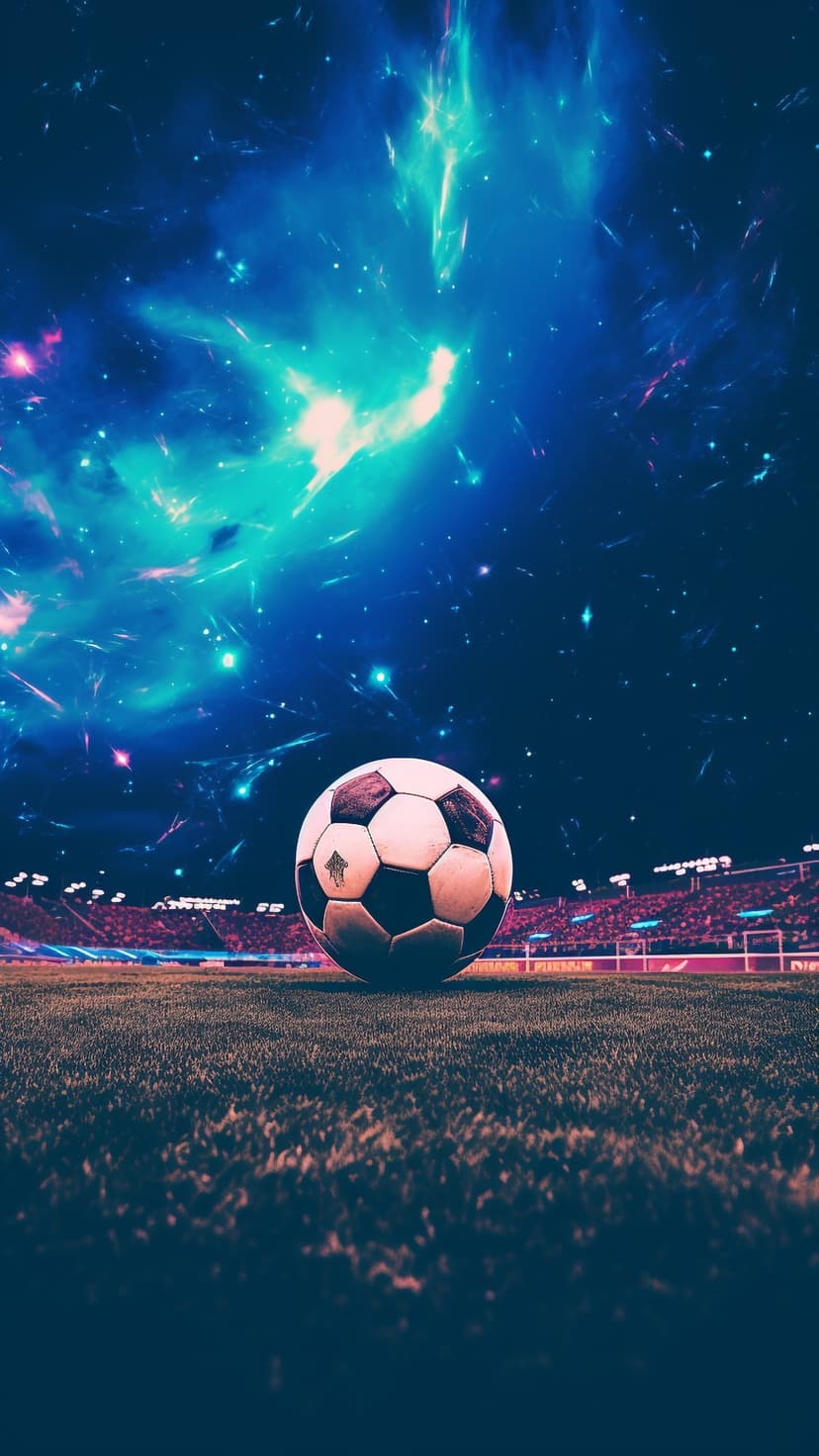 Football on a lush grass field beneath a vivid celestial galaxy with glowing star clusters and vibrant nebulae.