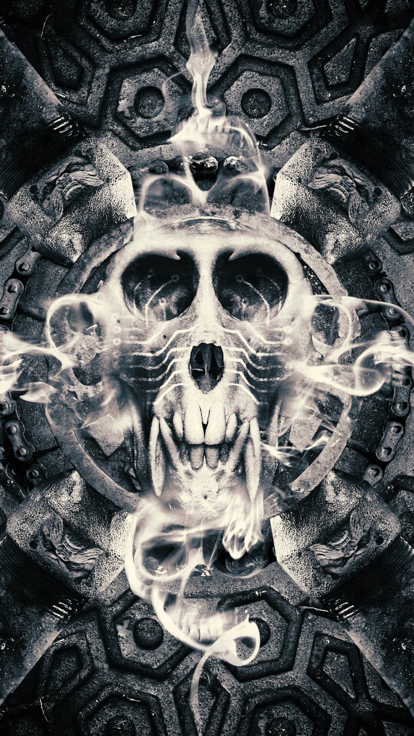 Gritty skull with mechanical eye sockets and sharp teeth emerges from swirling smoke amidst ornate chains.