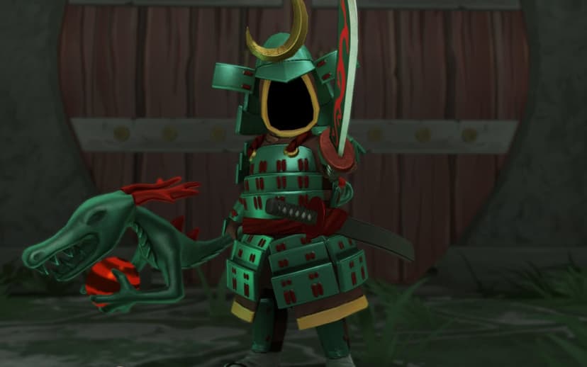 Miniature samurai in green armor holding a dragon-patterned katana and a green dragon staff with a red orb.