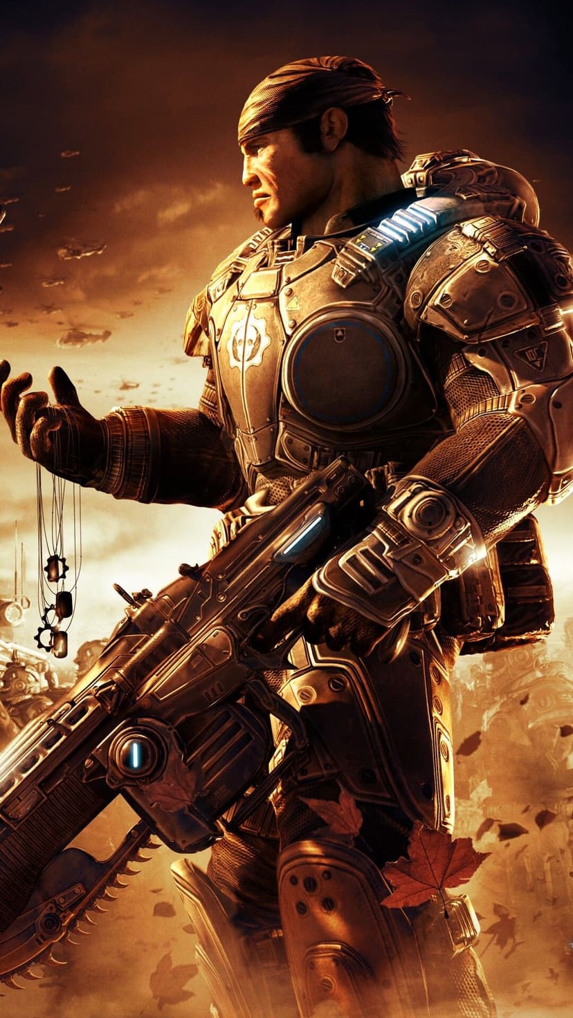 Marcus Fenix in heavy armor holding dog tags with a Lancer rifle against a hazy orange battlefield sky.