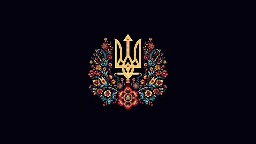 Ukrainian Tryzub emblem features a gold metallic trident design centered against a solid vibrant blue background.