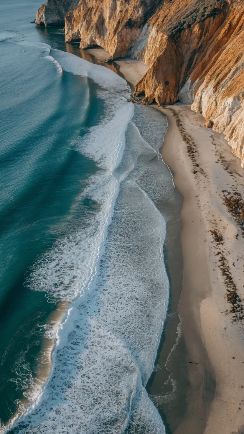 Rugged coastal cliffs meet turquoise ocean waves with white foam and golden sand from a top-down aerial view.
