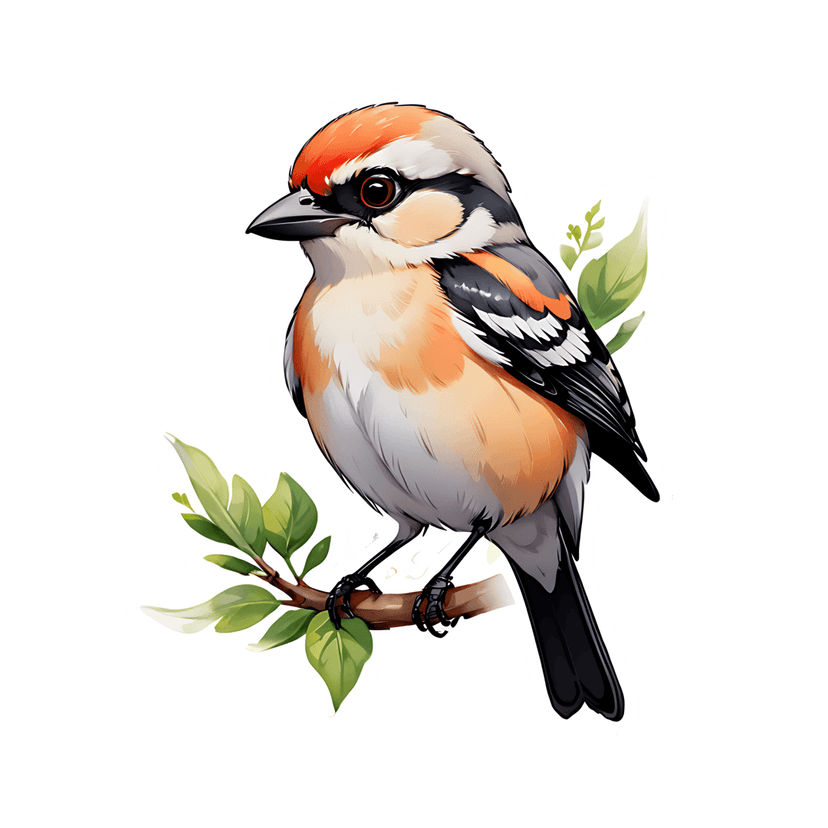 Orange red finch bird sticker perched on a green branch with charcoal wings and a white border profile view.