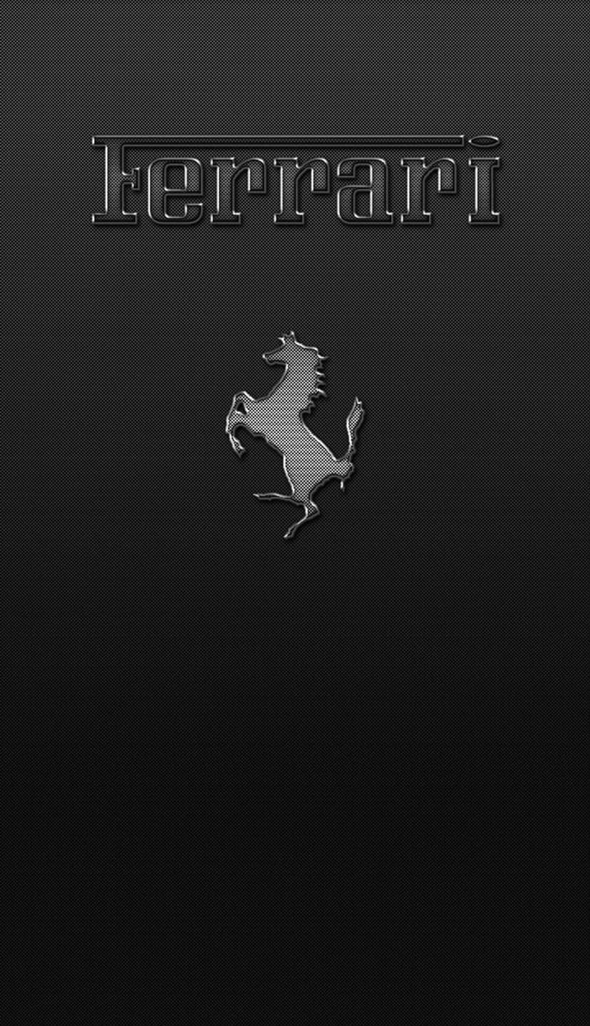 Ferrari prancing horse logo and text name centered on a dark grey textured carbon fiber weave background.
